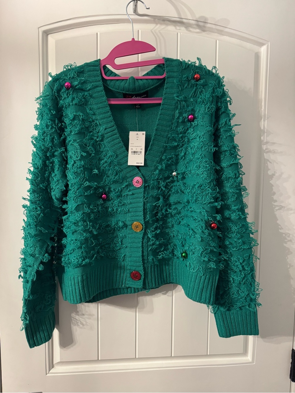 Women's Green Textured Button-Front Sweater Cardigan